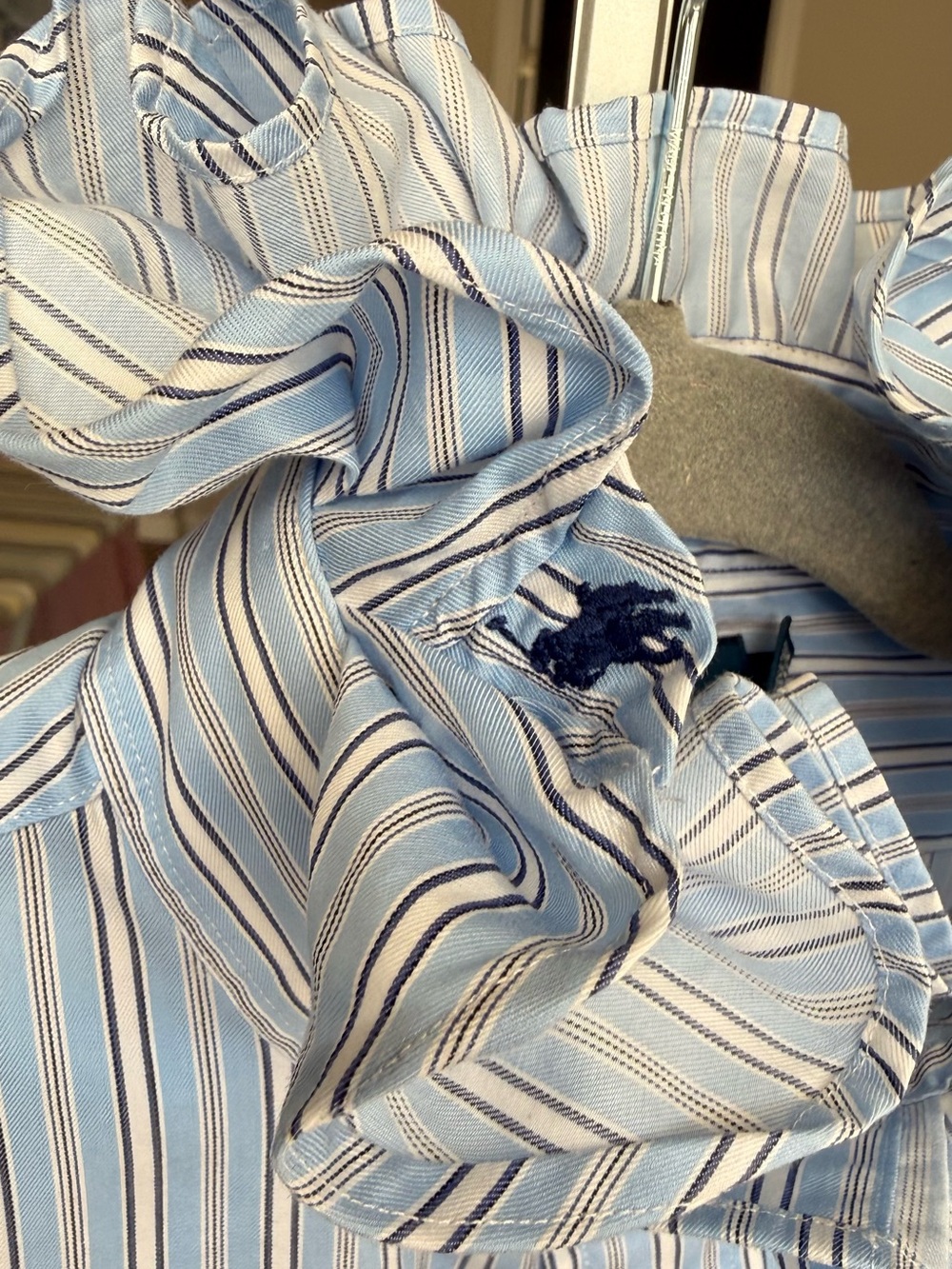 Reloved Upcycle Ralph Lauren Light Blue Multi-Stripe Ruffle-Neck Button Shirt